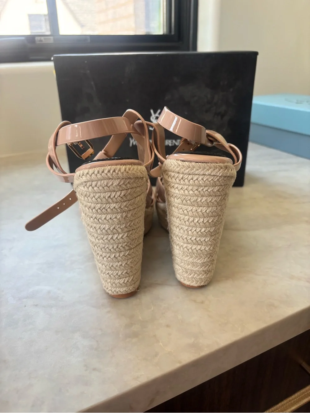 Patent Leather Nude Blush Wedge Sandals with Braided Espadrille Platform
